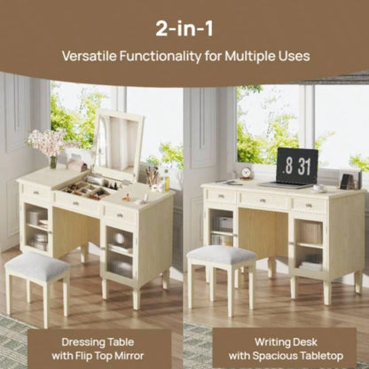 2 - in - 1 Vanity Desk with Flip - Top Mirror, Dressing Table Set with Drawer Cabinet, Multi - Functional Computer Writing Desk Study, Dressing Room, Bedroom, Living Room, White Oak