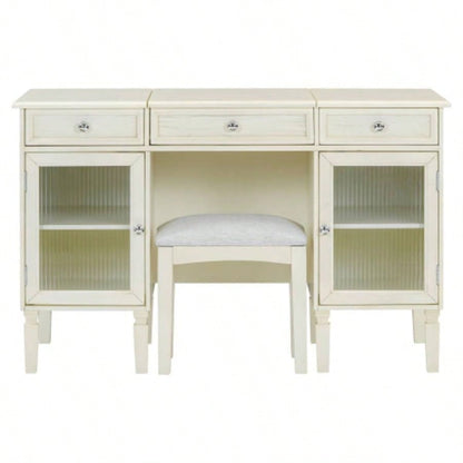 2 - in - 1 Vanity Desk with Flip - Top Mirror, Dressing Table Set with Drawer Cabinet, Multi - Functional Computer Writing Desk Study, Dressing Room, Bedroom, Living Room, White Oak