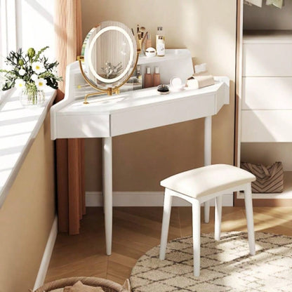 Modern Corner Makeup Vanity Desk with Large Storage, LED Mirror Stool, Brightness Adjustable, Space - Saving Small Places, White
