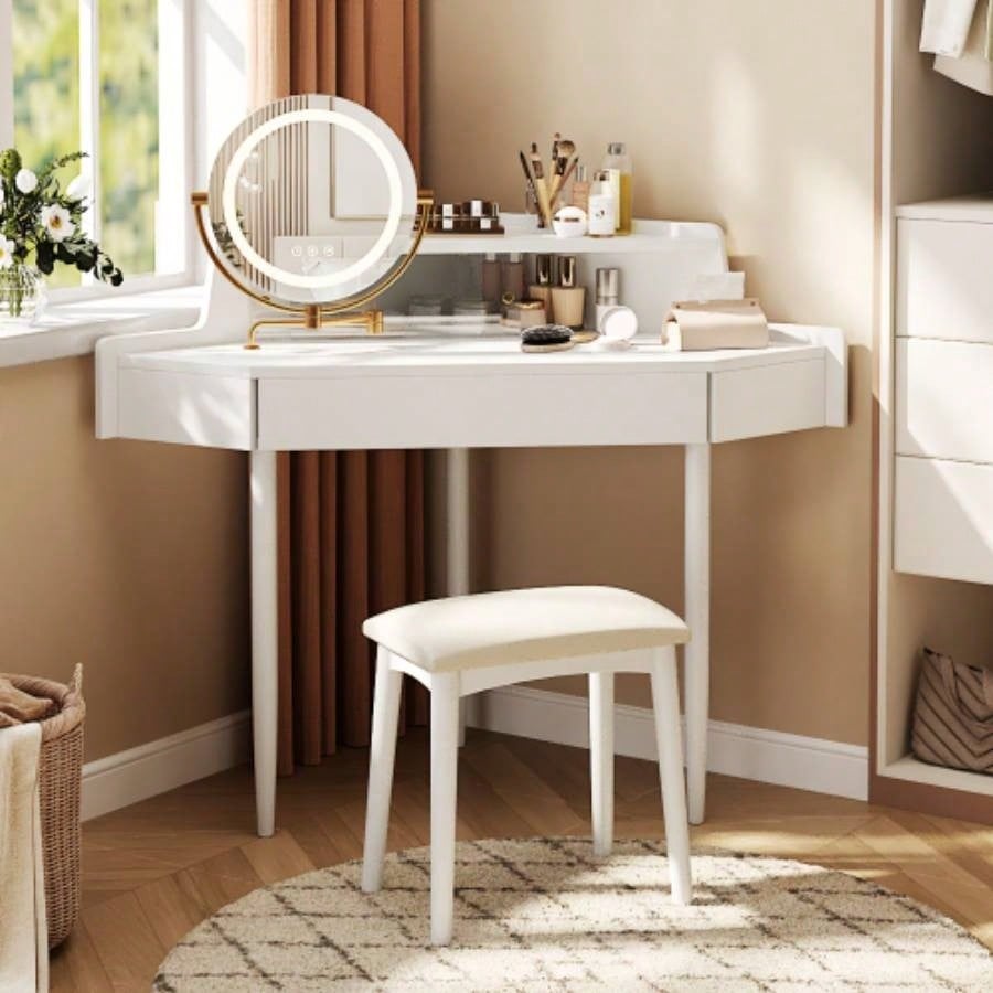 Modern Corner Makeup Vanity Desk with Large Storage, LED Mirror Stool, Brightness Adjustable, Space - Saving Small Places, White