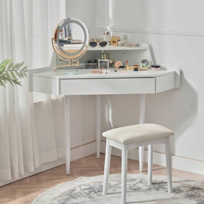 Modern Corner Makeup Vanity Desk with Large Storage, LED Mirror Stool, Brightness Adjustable, Space - Saving Small Places, White