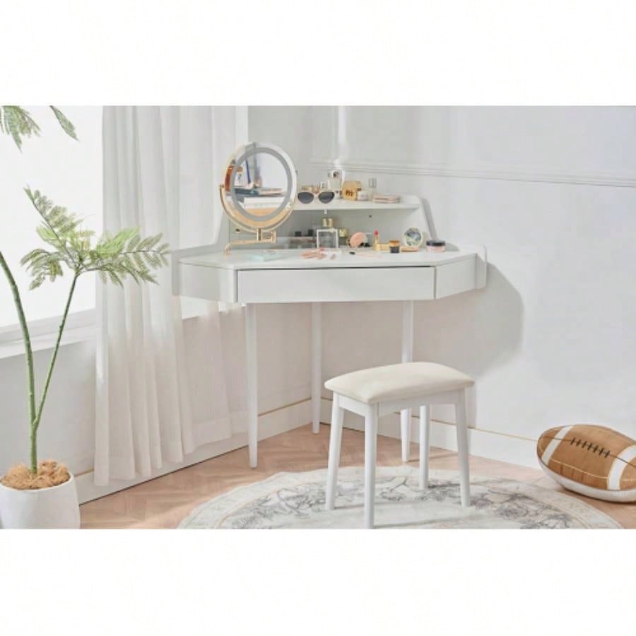 Modern Corner Makeup Vanity Desk with Large Storage, LED Mirror Stool, Brightness Adjustable, Space - Saving Small Places, White