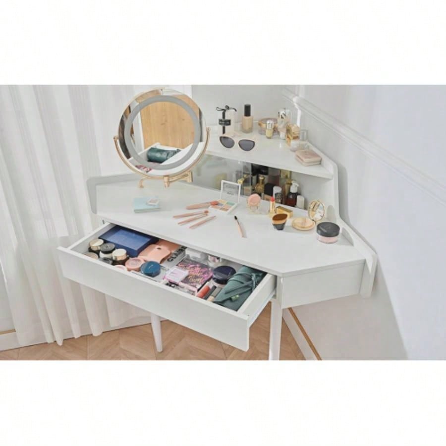 Modern Corner Makeup Vanity Desk with Large Storage, LED Mirror Stool, Brightness Adjustable, Space - Saving Small Places, White