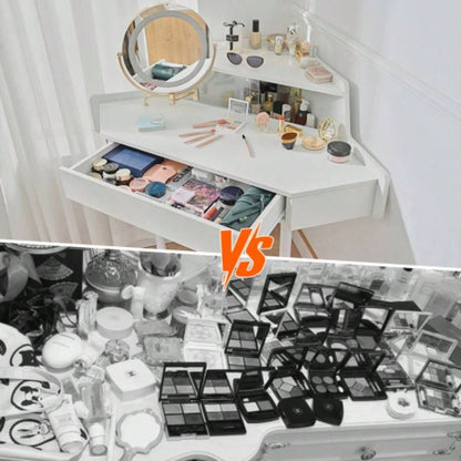 Modern Corner Makeup Vanity Desk with Large Storage, LED Mirror Stool, Brightness Adjustable, Space - Saving Small Places, White