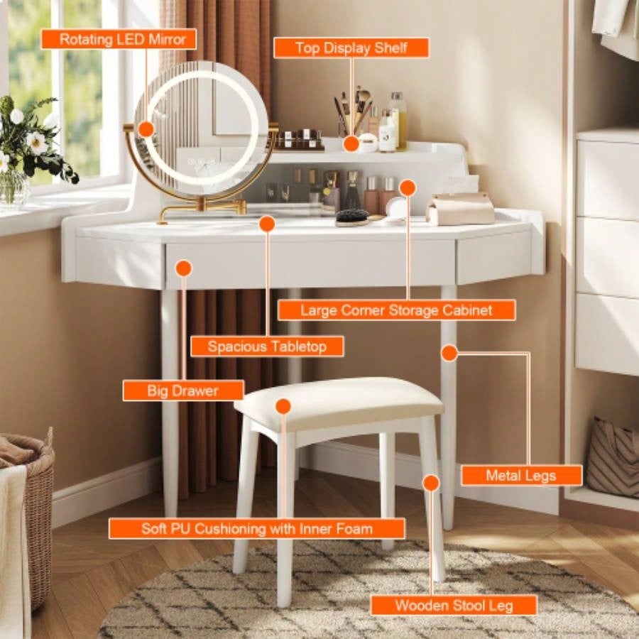 Modern Corner Makeup Vanity Desk with Large Storage, LED Mirror Stool, Brightness Adjustable, Space - Saving Small Places, White