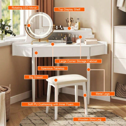 Modern Corner Makeup Vanity Desk with Large Storage, LED Mirror Stool, Brightness Adjustable, Space - Saving Small Places, White