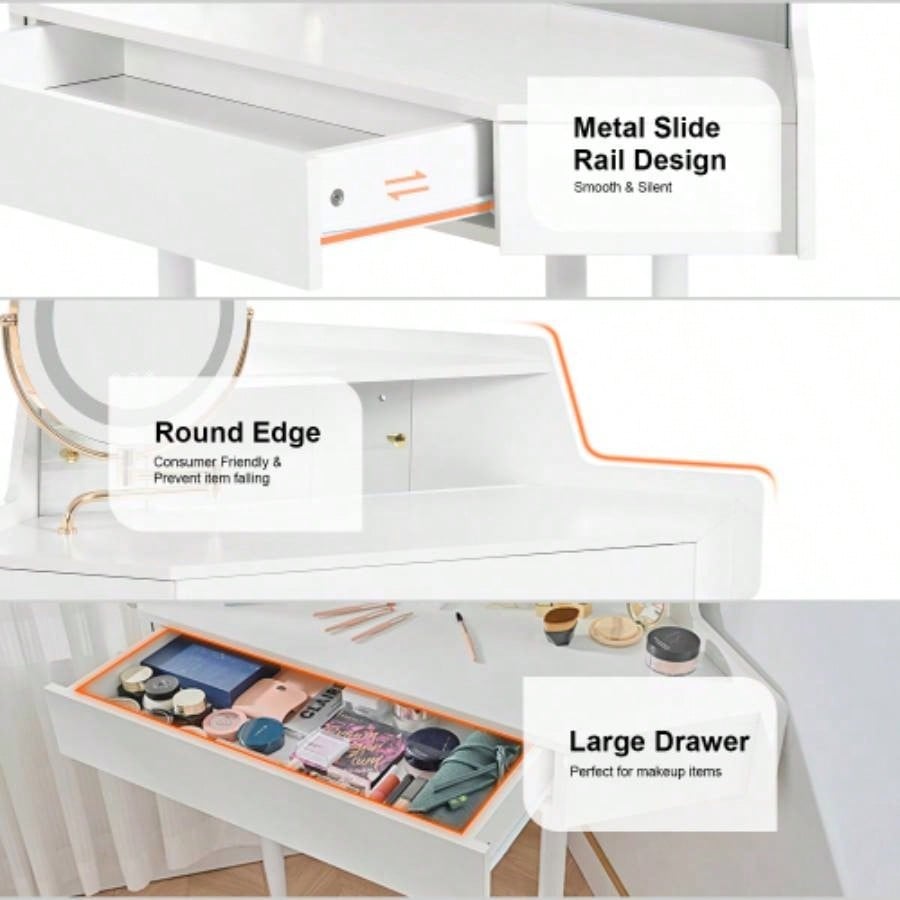 Modern Corner Makeup Vanity Desk with Large Storage, LED Mirror Stool, Brightness Adjustable, Space - Saving Small Places, White