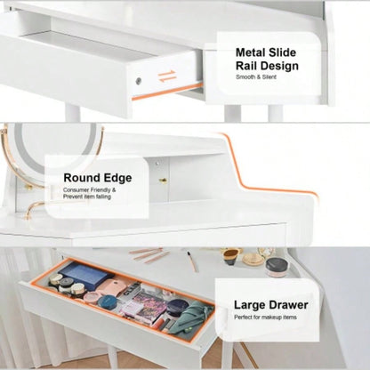 Modern Corner Makeup Vanity Desk with Large Storage, LED Mirror Stool, Brightness Adjustable, Space - Saving Small Places, White