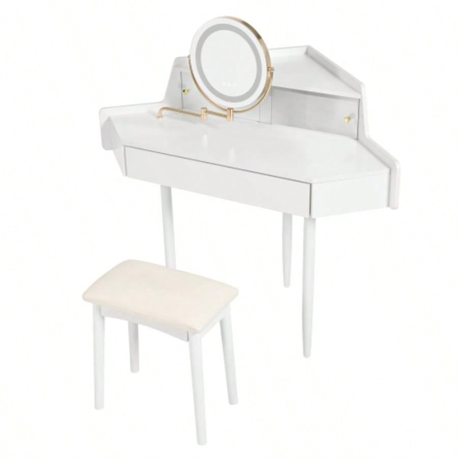 Modern Corner Makeup Vanity Desk with Large Storage, LED Mirror Stool, Brightness Adjustable, Space - Saving Small Places, White