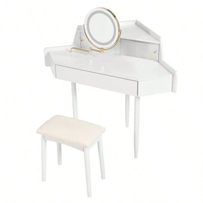 Modern Corner Makeup Vanity Desk with Large Storage, LED Mirror Stool, Brightness Adjustable, Space - Saving Small Places, White
