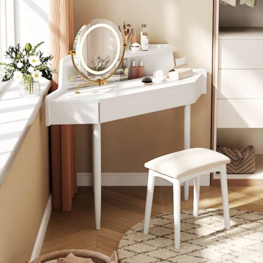 Modern Corner Makeup Vanity Desk with Large Storage, LED Mirror Stool, Brightness Adjustable, Space - Saving Small Places, White