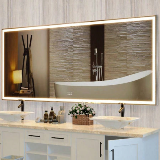 72X32 inch Oversized LED Bathroom Mirror Wall Mounted Mirror with 3 Color Modes Aluminum Frame Wall Mirror Large Full Length Mirror with Lights Lighted Full Body Mirror Bedroom Living Room, Silver