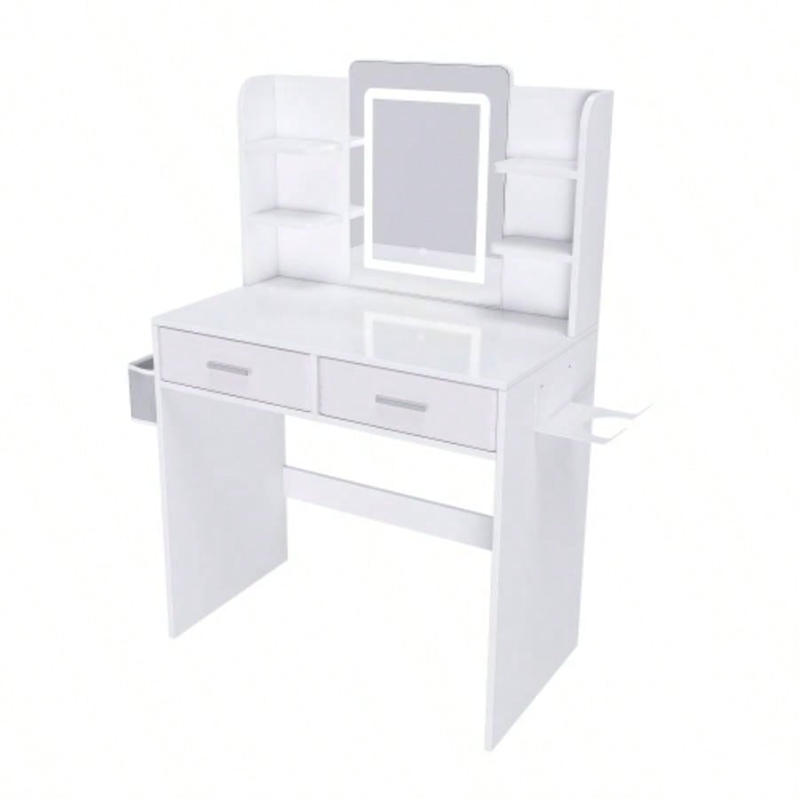 LED Mirror Vanity Dressing Table with Lights Women Girls - 3 - Color Adjustable Light Strips, 2 Large Drawers, Non - Woven Storage Bag, Makeup Desk Bedroom Furniture