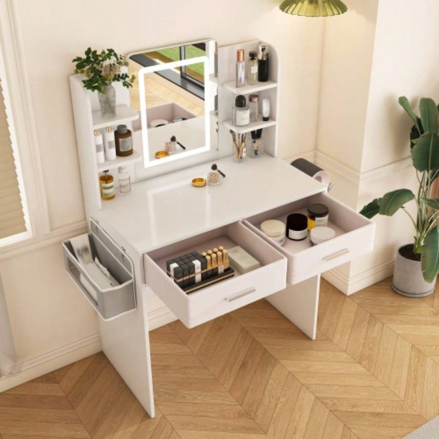 LED Mirror Vanity Dressing Table with Lights Women Girls - 3 - Color Adjustable Light Strips, 2 Large Drawers, Non - Woven Storage Bag, Makeup Desk Bedroom Furniture
