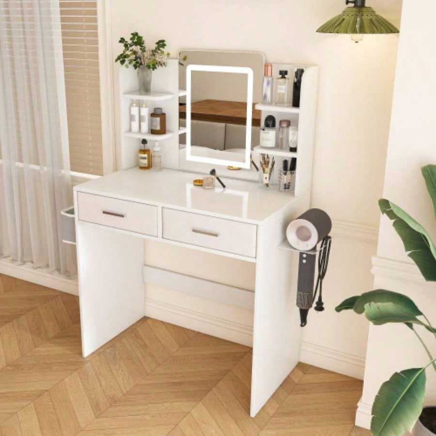 LED Mirror Vanity Dressing Table with Lights Women Girls - 3 - Color Adjustable Light Strips, 2 Large Drawers, Non - Woven Storage Bag, Makeup Desk Bedroom Furniture