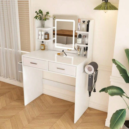 LED Mirror Vanity Dressing Table with Lights Women Girls - 3 - Color Adjustable Light Strips, 2 Large Drawers, Non - Woven Storage Bag, Makeup Desk Bedroom Furniture
