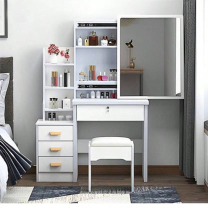 Fashion Vanity Desk with Mirror and Lights Makeup and Chair, Vanity Mirror with Lights and Table Set with 3 Color Lighting Brightness Adjustable, 4 Drawers, White Color