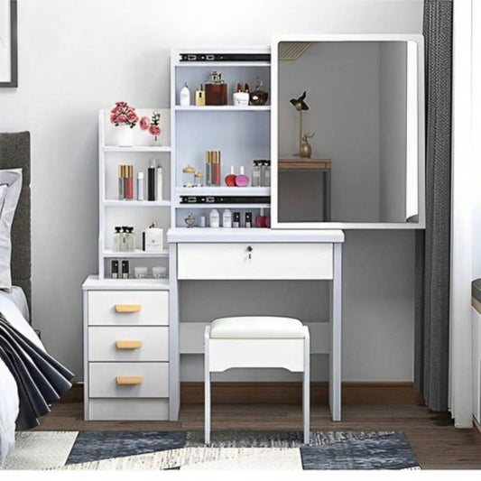 Fashion Vanity Desk with Mirror and Lights Makeup and Chair, Vanity Mirror with Lights and Table Set with 3 Color Lighting Brightness Adjustable, 4 Drawers, White Color