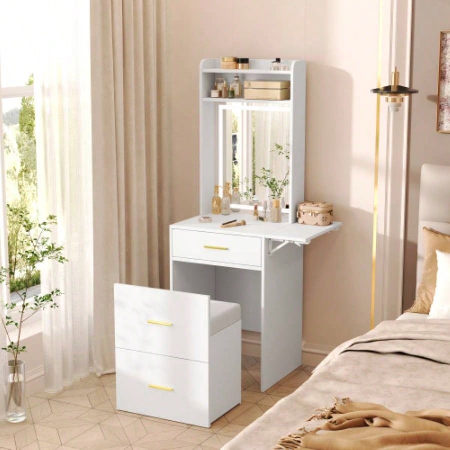 Small Vanity Desk with Mirror and Light, Dressing Table with Charging Station Fold - up Panel Small Space, Compact Makeup Vanity Set with Hidden Stool Bedroom, White