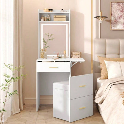 Small Vanity Desk with Mirror and Light, Dressing Table with Charging Station Fold - up Panel Small Space, Compact Makeup Vanity Set with Hidden Stool Bedroom, White