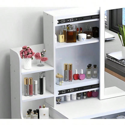 Fashion Vanity Desk with Mirror and Lights Makeup and Chair, Vanity Mirror with Lights and Table Set with 3 Color Lighting Brightness Adjustable, 4 Drawers, White Color