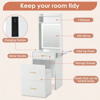 Small Vanity Desk with Mirror and Light, Dressing Table with Charging Station Fold - up Panel Small Space, Compact Makeup Vanity Set with Hidden Stool Bedroom, White