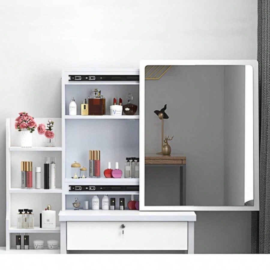Fashion Vanity Desk with Mirror and Lights Makeup and Chair, Vanity Mirror with Lights and Table Set with 3 Color Lighting Brightness Adjustable, 4 Drawers, White Color