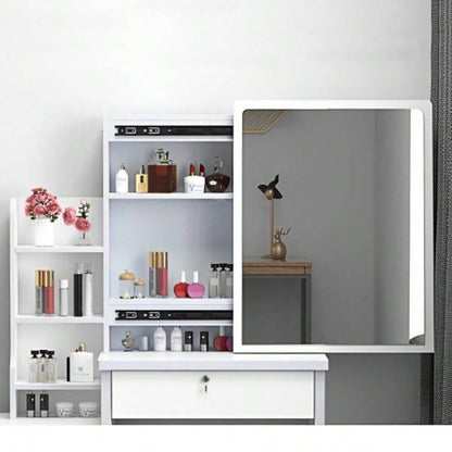 Fashion Vanity Desk with Mirror and Lights Makeup and Chair, Vanity Mirror with Lights and Table Set with 3 Color Lighting Brightness Adjustable, 4 Drawers, White Color