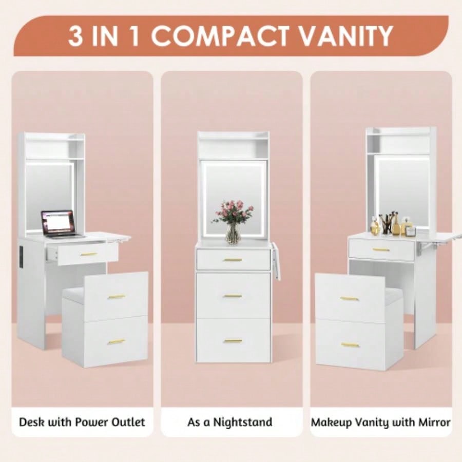 Small Vanity Desk with Mirror and Light, Dressing Table with Charging Station Fold - up Panel Small Space, Compact Makeup Vanity Set with Hidden Stool Bedroom, White