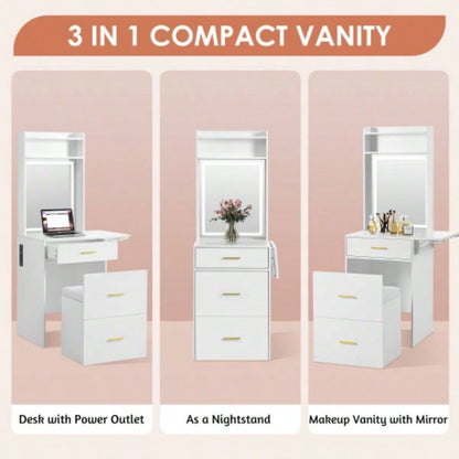 Small Vanity Desk with Mirror and Light, Dressing Table with Charging Station Fold - up Panel Small Space, Compact Makeup Vanity Set with Hidden Stool Bedroom, White