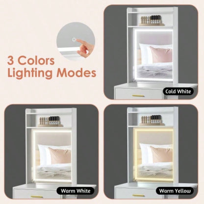 Small Vanity Desk with Mirror and Light, Dressing Table with Charging Station Fold - up Panel Small Space, Compact Makeup Vanity Set with Hidden Stool Bedroom, White