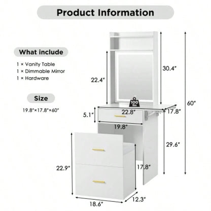 Small Vanity Desk with Mirror and Light, Dressing Table with Charging Station Fold - up Panel Small Space, Compact Makeup Vanity Set with Hidden Stool Bedroom, White