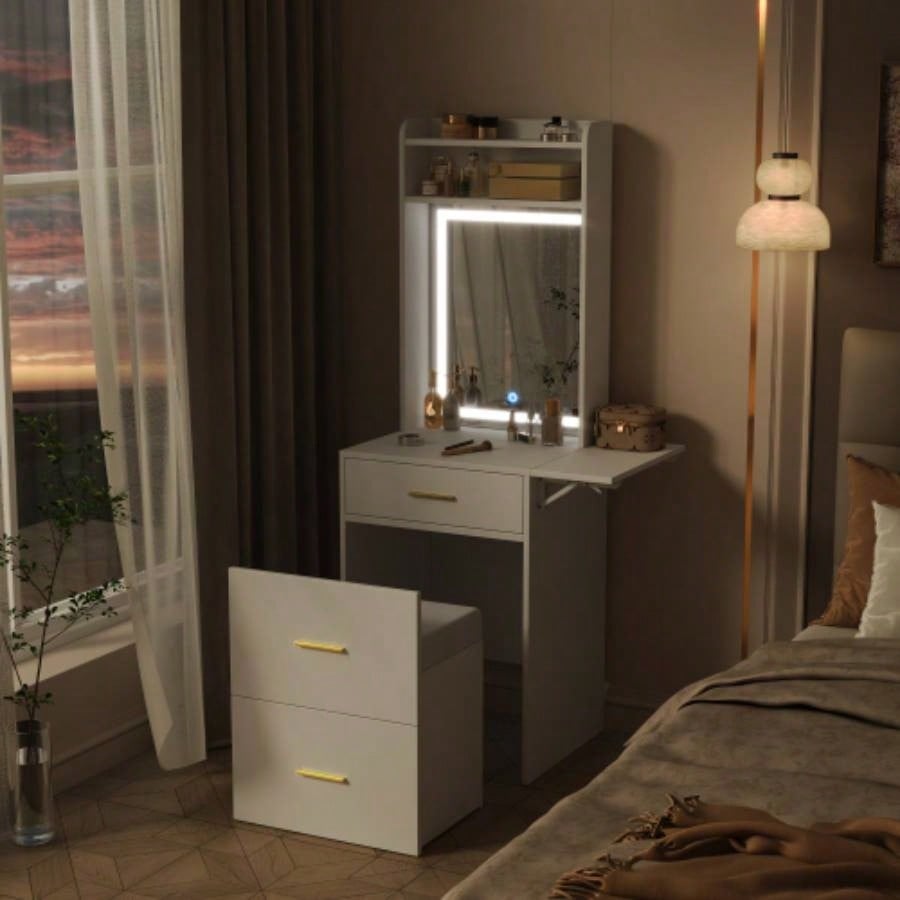 Small Vanity Desk with Mirror and Light, Dressing Table with Charging Station Fold - up Panel Small Space, Compact Makeup Vanity Set with Hidden Stool Bedroom, White