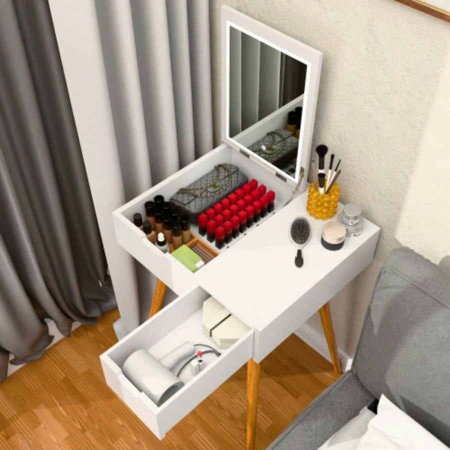 Small Makeup Vanity Table, Dresser Desk with 2 Drawers, Flip Top Mirror Organizer, Makeup Dressing Table Bedroom, Dressing Room