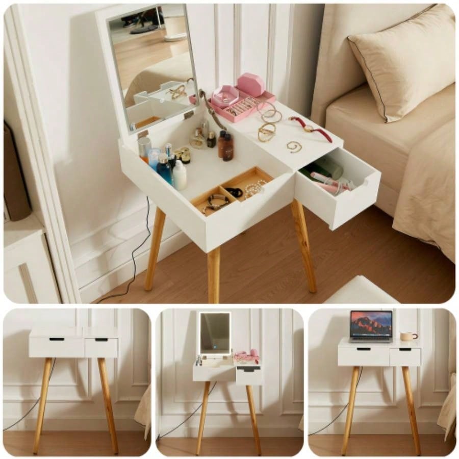 Small Makeup Vanity Table, Dresser Desk with 2 Drawers, Flip Top Mirror Organizer, Makeup Dressing Table Bedroom, Dressing Room