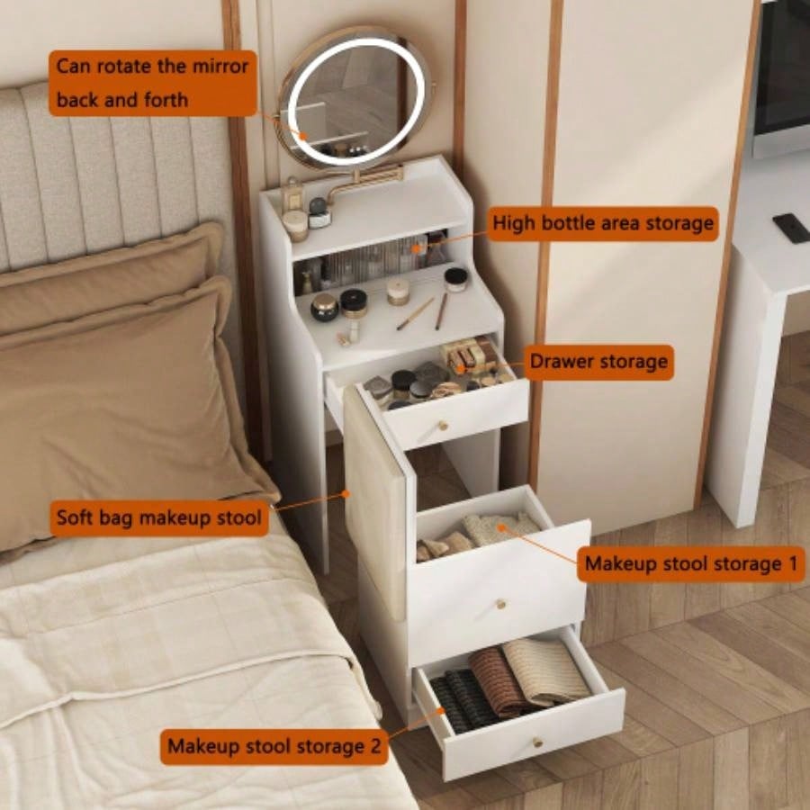 3 in 1 Vanity Desk With mirror and light, Small makeup vanity set with charging station, With 2 drawers and open storage space, with upholstered stool, Compact Dressing Table Writing Desk Small Sp