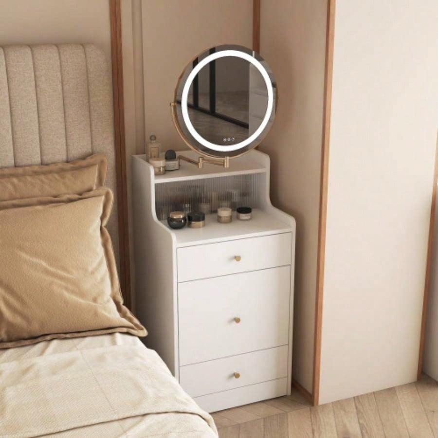 3 in 1 Vanity Desk With mirror and light, Small makeup vanity set with charging station, With 2 drawers and open storage space, with upholstered stool, Compact Dressing Table Writing Desk Small Sp