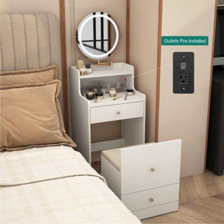 3 in 1 Vanity Desk With mirror and light, Small makeup vanity set with charging station, With 2 drawers and open storage space, with upholstered stool, Compact Dressing Table Writing Desk Small Sp