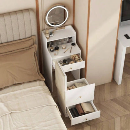 3 in 1 Vanity Desk With mirror and light, Small makeup vanity set with charging station, With 2 drawers and open storage space, with upholstered stool, Compact Dressing Table Writing Desk Small Sp