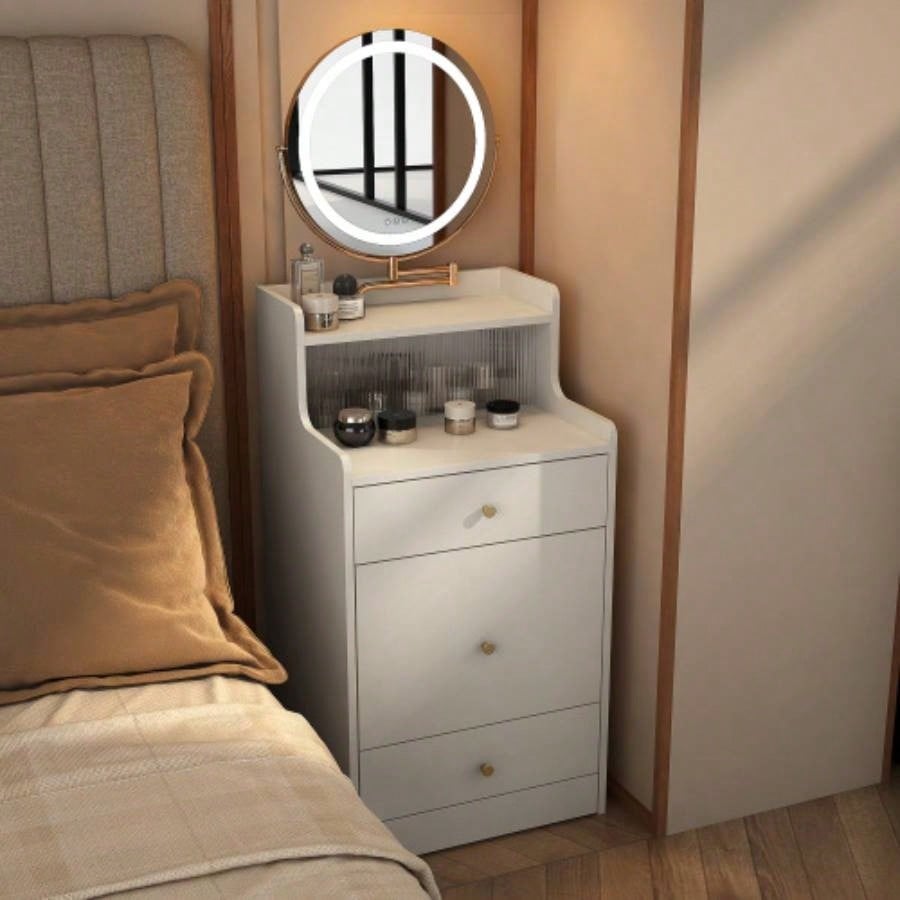 3 in 1 Vanity Desk With mirror and light, Small makeup vanity set with charging station, With 2 drawers and open storage space, with upholstered stool, Compact Dressing Table Writing Desk Small Sp