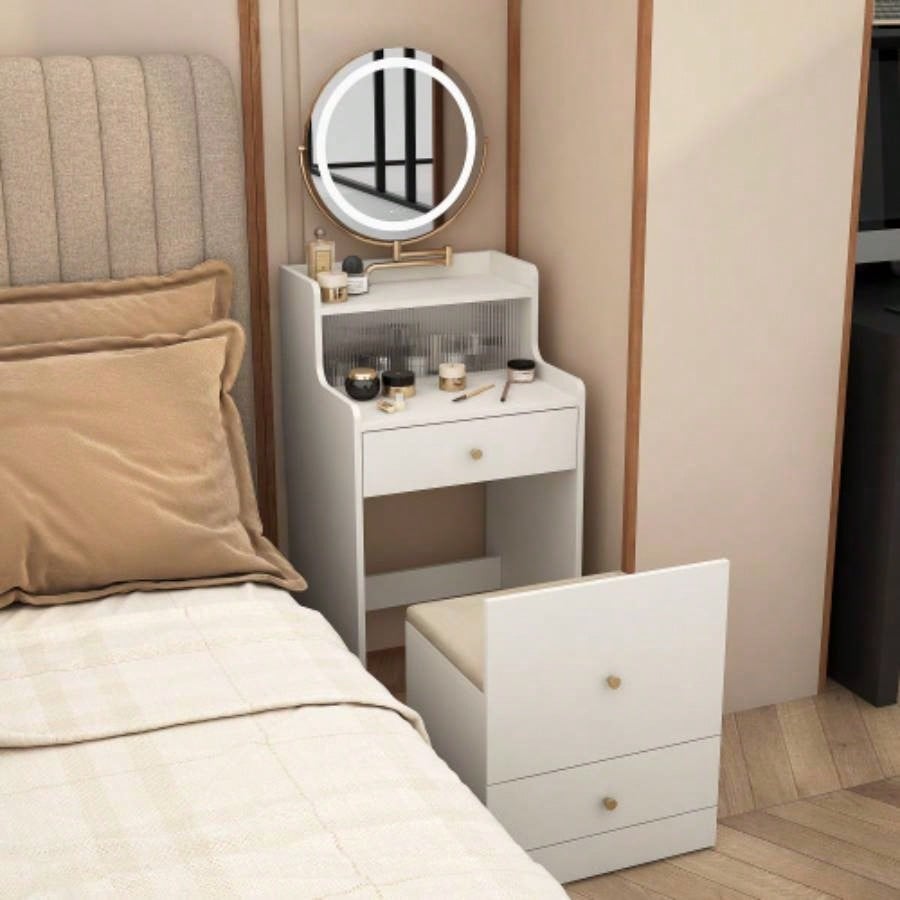 3 in 1 Vanity Desk With mirror and light, Small makeup vanity set with charging station, With 2 drawers and open storage space, with upholstered stool, Compact Dressing Table Writing Desk Small Sp