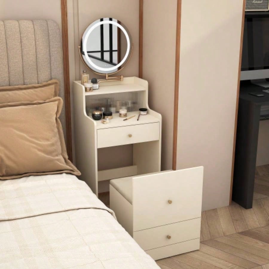 3 in 1 Vanity Desk With mirror and light, Small makeup vanity set with charging station, With 2 drawers and open storage space, with upholstered stool, Compact Dressing Table Writing Desk Small Sp