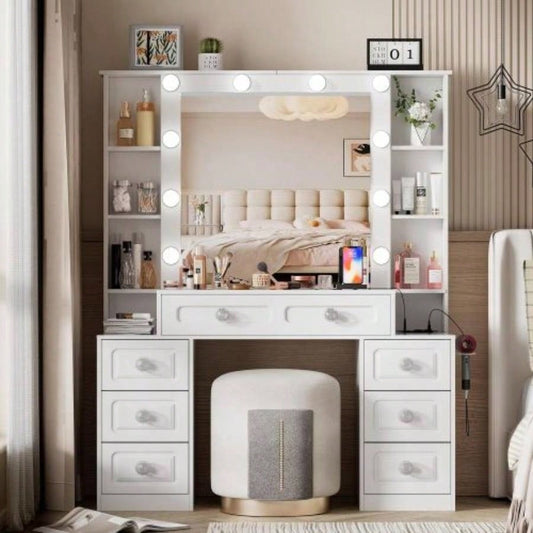 Vanity Desk with with Mirror and Lights, Makeup Vanity Table wwith Lighted Mirror Charging Station, Vanity Desk Dresser