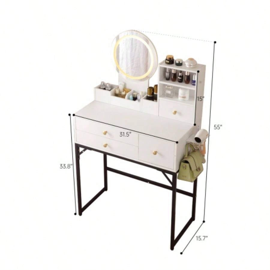 Vanity Desk with Lighted Mirror Power Outlet, Makeup Vanity Desk with Drawers and Cabinet, Sturdy Iron Bracket, Make up Vanity Table Bedroom, White