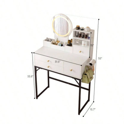 Vanity Desk with Lighted Mirror Power Outlet, Makeup Vanity Desk with Drawers and Cabinet, Sturdy Iron Bracket, Make up Vanity Table Bedroom, White