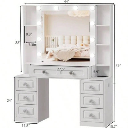 Vanity Desk with with Mirror and Lights, Makeup Vanity Table wwith Lighted Mirror Charging Station, Vanity Desk Dresser