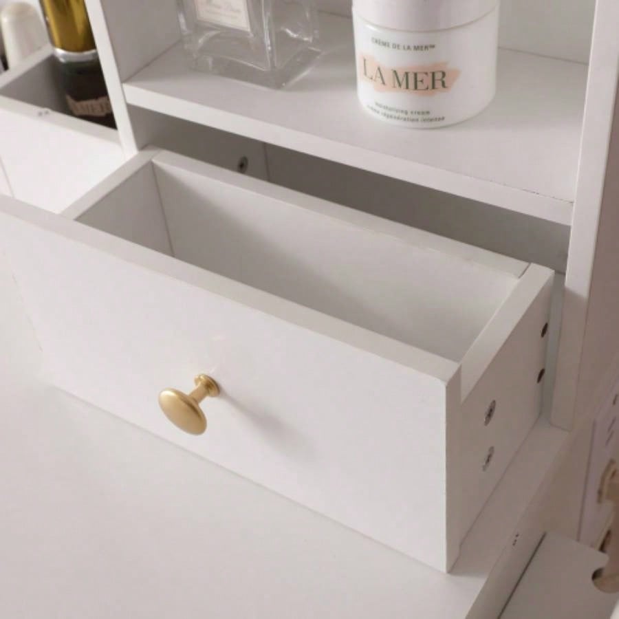 Vanity Desk with Lighted Mirror Power Outlet, Makeup Vanity Desk with Drawers and Cabinet, Sturdy Iron Bracket, Make up Vanity Table Bedroom, White