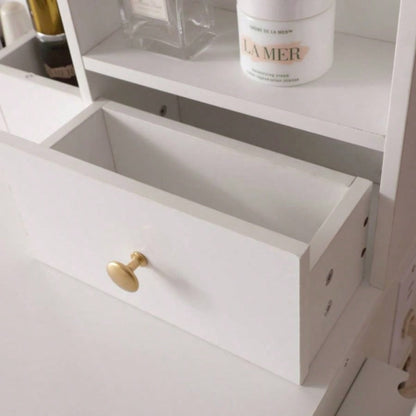 Vanity Desk with Lighted Mirror Power Outlet, Makeup Vanity Desk with Drawers and Cabinet, Sturdy Iron Bracket, Make up Vanity Table Bedroom, White