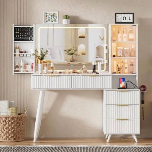 Vanity Desk with with Mirror and Lights, Makeup Vanity Table with Glass Top and DrawersCushioned Stool, Dressing Table with Drawers, Bedroom Makeup Table Women White - Glass top