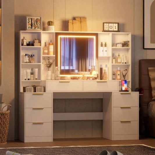 Makeup Vanity Desk with Mirror and Lights, 59 Large Vanity Table with 8Drawers Open Storage Shelves, Brightness Adjustable, Dressing Table Bedroom, Women Girl